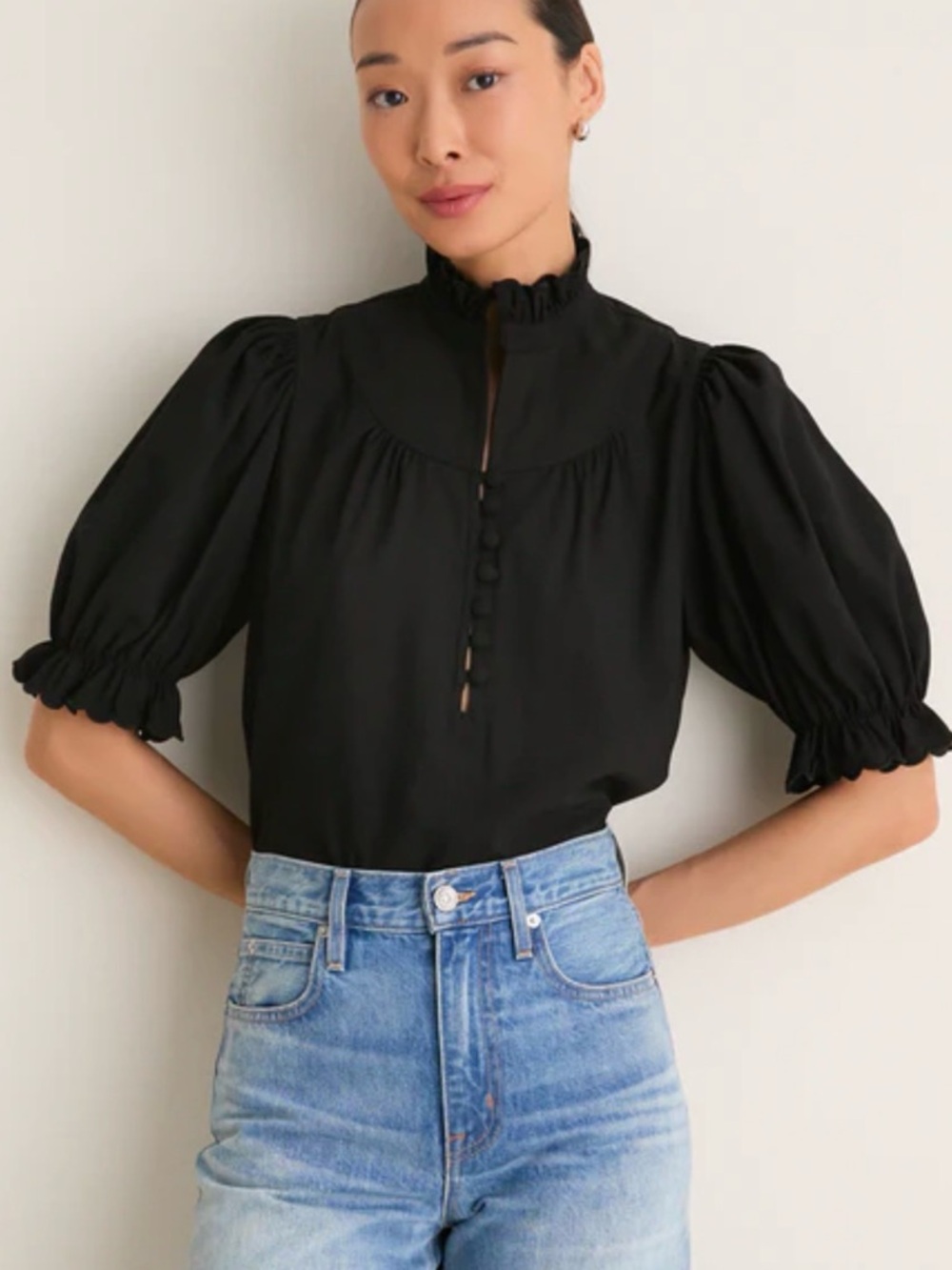 Pomander Place Black Selena Ruffle High Collar Short Puff Sleeve Blouse Sz M